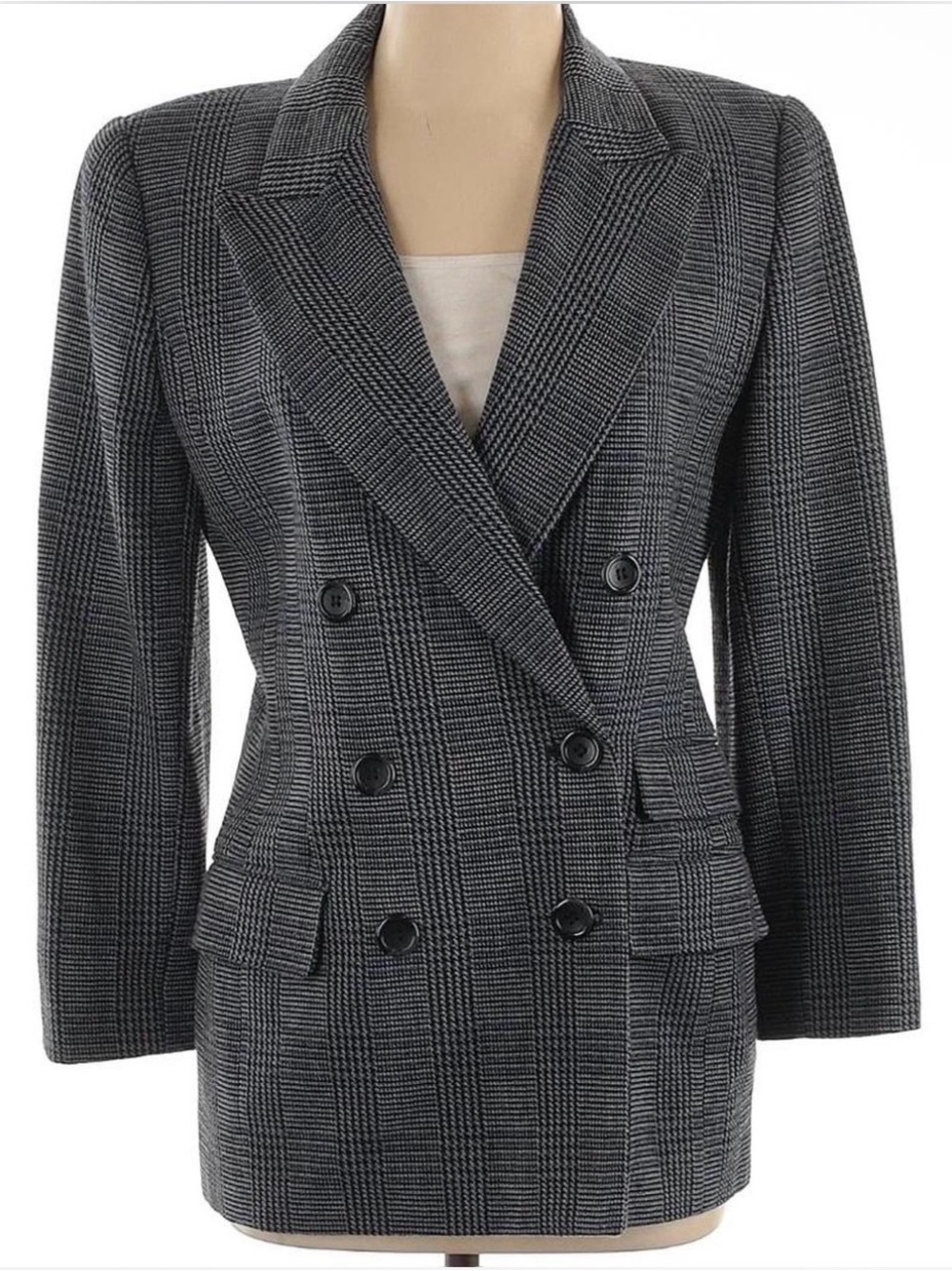 Linda Allard Ellen Tracy Double-Breasted Glen Plaid Blazer Jacket in Gray